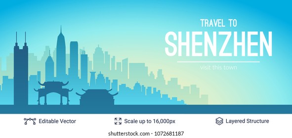 Shenzhen famous China city scape. Flat well known silhouettes. Vector illustration easy to edit for flyers or web banners.