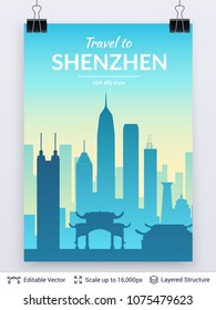 Shenzhen famous China city scape. Flat well known silhouettes. Vector illustration easy to edit for flyers or web banners.