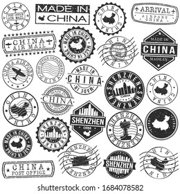 Shenzhen, Guangdong Province, China Set of Stamp. Vector Art Postal Passport Travel Design. Travel and Business Seals.