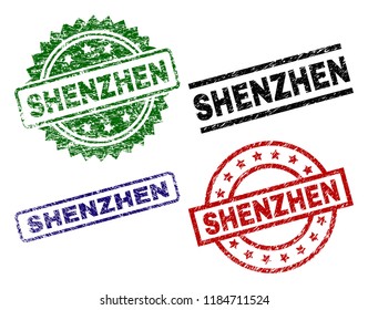 SHENZHEN seal prints with corroded style. Black, green,red,blue vector rubber prints of SHENZHEN text with corroded style. Rubber seals with round, rectangle, medal shapes.