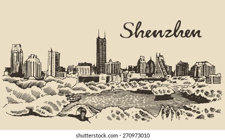 Shenzhen skyline, big city architecture, vintage engraved vector illustration, hand drawn, sketch.