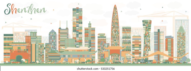 Shenzhen Skyline with Color Buildings. Vector Illustration. Business Travel and Tourism Concept with Modern Architecture. Image for Presentation Banner Placard and Web Site.