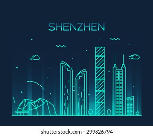 Shenzhen skyline detailed silhouette. Trendy vector illustration, line art style.