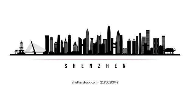 Shenzhen skyline horizontal banner. Black and white silhouette of Shenzhen, China. Vector template for your design. 