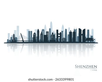 Silhueta da linha do horizonte de Shenzhen com reflexão. Paisagem Shenzhen, China. Ilustração vetorial.