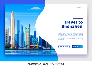 Shenzhen Travel banner. Vector template design with travel and tour text and most famous landmarks and tourist destinations elements in colorful background. Vector illustration. 