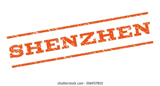 Shenzhen watermark stamp. Text caption between parallel lines with grunge design style. Rubber seal stamp with dust texture. Vector orange color ink imprint on a white background.