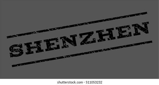 Shenzhen watermark stamp. Text tag between parallel lines with grunge design style. Rubber seal stamp with dirty texture. Vector black color ink imprint on a gray background.