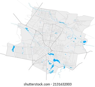 Shepetivka, Khmelnytskyi Oblast, Ukraine high resolution vector map with city boundaries and outlined paths. White additional outlines for main roads. Many detailes. Blue shapes and lines for water.