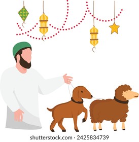 Shepherd boy with baby goat and sheep concept, Muslim Village Person grazes vector design, Eid al-Azha Eid ul Kabir Symbol, Hajj Sign, Muslims religious Festival Stock illustration