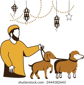 Shepherd boy with baby goat and sheep concept, Muslim Village Person grazes vector design, Eid al Adha Eid ul Kabir Symbol, Hajj Sign, Muslims religious eve Stock illustration