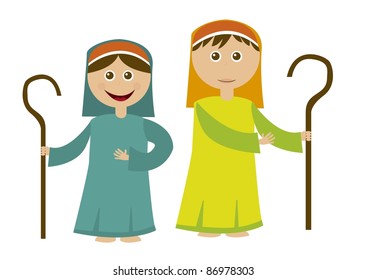 Shepherd boy and girl  with sheep isolated over white background. vector