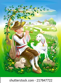 Shepherd boy and goat. Eve. Sheep. Vector illustration.