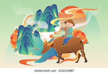 Shepherd boy rides a cow and plays a flute with mountains and clouds in the background, Ching Ming Festival, Chinese style vector illustration