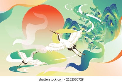 Shepherd boy rides a cow and plays a flute with mountains and clouds in the background, Ching Ming Festival, Chinese style vector illustration