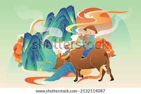Shepherd boy rides a cow and plays a flute with mountains and clouds in the background, Ching Ming Festival, Chinese style vector illustration