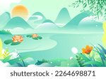 Shepherd boy rides on a yellow ox with mountains and plants in the background, vector illustration
