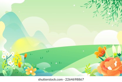 Shepherd boy rides on a yellow ox with mountains and plants in the background, vector illustration