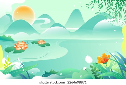 Shepherd boy rides on a yellow ox with mountains and plants in the background, vector illustration