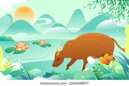 Shepherd boy rides on a yellow ox with mountains and plants in the background, vector illustration