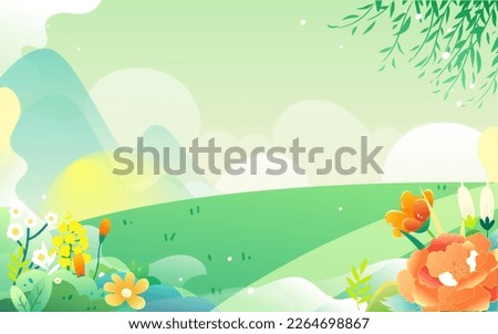Shepherd boy rides on a yellow ox with mountains and plants in the background, vector illustration