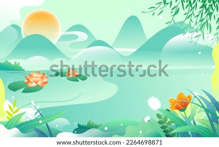 Shepherd boy rides on a yellow ox with mountains and plants in the background, vector illustration