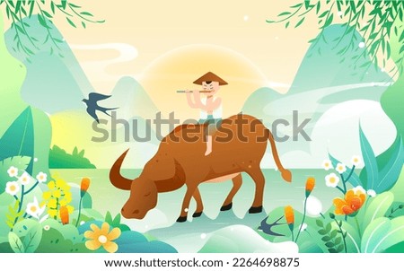 Shepherd boy rides on a yellow ox with mountains and plants in the background, vector illustration
