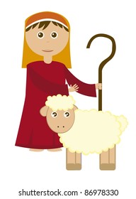 Shepherd boy with sheep isolated over white background. vector