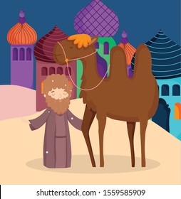 shepherd with camel desert, merry christmas vector illustration