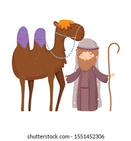 shepherd with camel manger nativity, merry christmas vector illustration
