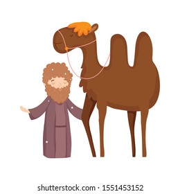 shepherd with camel manger nativity, merry christmas vector illustration