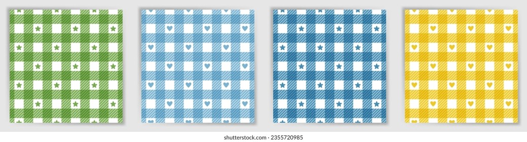 Schäfer überprüfen endlose Ziersammlung. Beliebter Büffel Tartan Scheck Stoffdruck Set mit Sternen und Herzen. Der Schäferhund überprüft die geometrischen Armbanduhren auf den Stoffdruck.