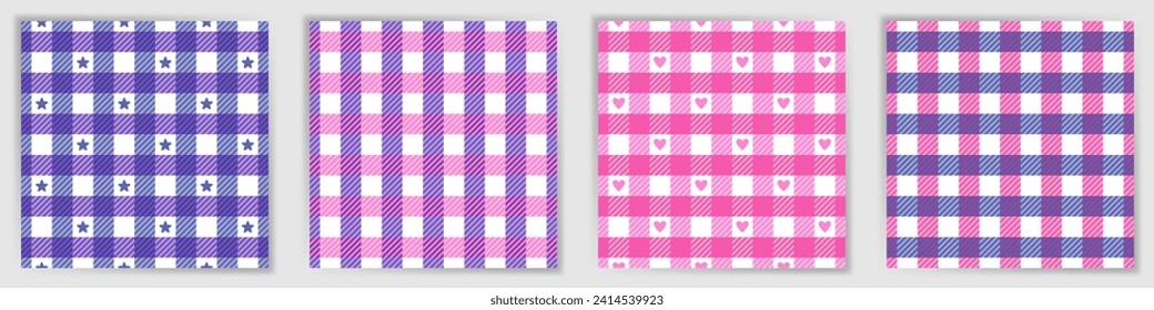 Shepherd check endless ornament collection. Preppy buffalo tartan check textile print set with stars and hearts. Shepherd check square swatches for garment fabric print.