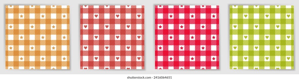 Shepherd check endless ornament set. English buffalo tartan check textile print collection with stars and hearts. Shepherd check striped patterns for shirt fabric print.