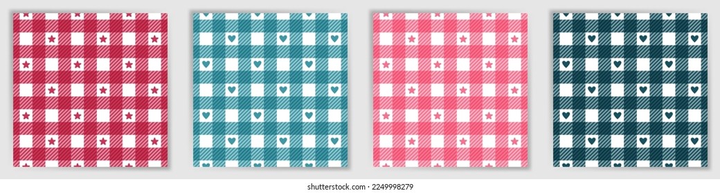 Shepherd check endless pattern collection. Rustic buffalo tartan check textile print set with stars and hearts. Shepherd check geometric swatches for menswear fabric print.