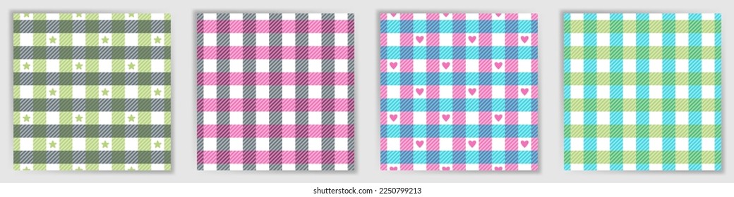 Shepherd check endless pattern set. Vintage buffalo tartan check textile print collection with stars and hearts. Shepherd check square patterns for bed linen fabric print.
