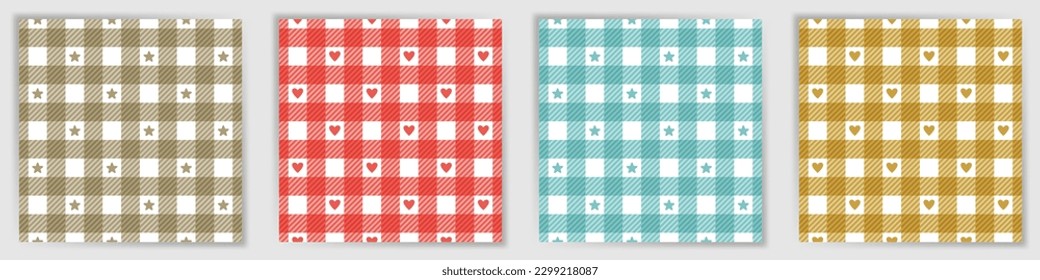 Shepherd check seamless ornament set. English buffalo tartan check textile print collection with stars and hearts. Shepherd check square swatches for kilt or skirt fabric print.