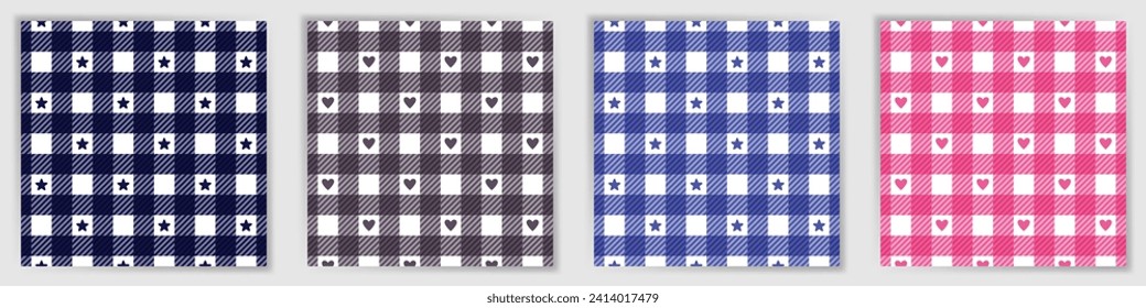 Shepherd check seamless pattern set. Preppy buffalo tartan check fabric print collection with stars and hearts. Shepherd check geometric swatches for garment textile print.
