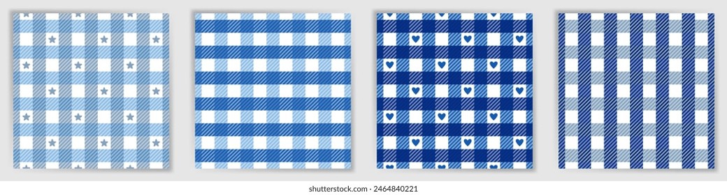 Shepherd check seamless pattern set. Simple buffalo tartan check textile print collection with stars and hearts. Shepherd check square patterns for oilcloth fabric print.