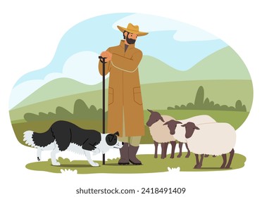 Shepherd, A Diligent Guardian, Tends To The Flock With Unwavering Dedication. His Loyal Dog, A Furry Companion, Skillfully Assists In Herding, Ensuring Safety And Harmony In Pastoral Landscapes