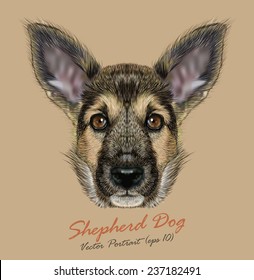 Shepherd Dog animal cute face. Vector funny german shepherd puppy head portrait. Realistic adorable fur portrait of Shepherd police dog isolated on beige background.