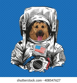 Shepherd dog in astronaut suit. Hand drawn vector illustration
