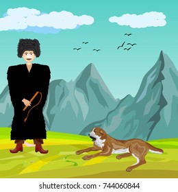 Shepherd and dog in Caucasus mountains, vector landscape illustration