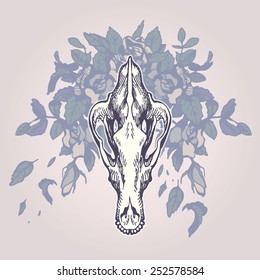 Shepherd dog skull on a flower background. Contains transparent objects