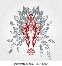 Shepherd dog skull on a plumage background. Contains transparent objects