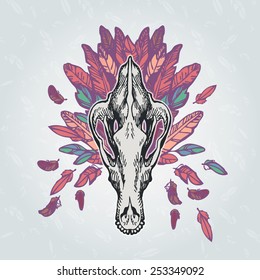 Shepherd dog skull on a plumage background. Contains transparent objects