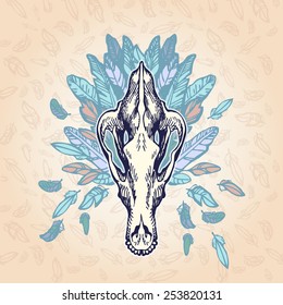 Shepherd dog skull on a plumage background. Contains transparent objects