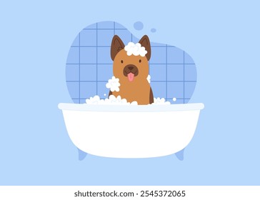 Perro pastor tomando un baño con champú. Vector de dibujos animados para el lavado de perros en el cuarto de baño.