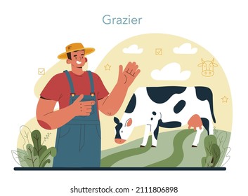Shepherd with a domestic animals. Herdsman taking care of sheeps, cows, chickens and rabbits. Cattle breeder farm. Flat vector illustration