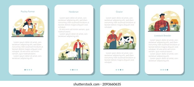 Shepherd with a domestic animals mobile application banner set. Herdsman taking care of sheeps, cows, chickens and rabbits. Cattle breeder farm. Flat vector illustration